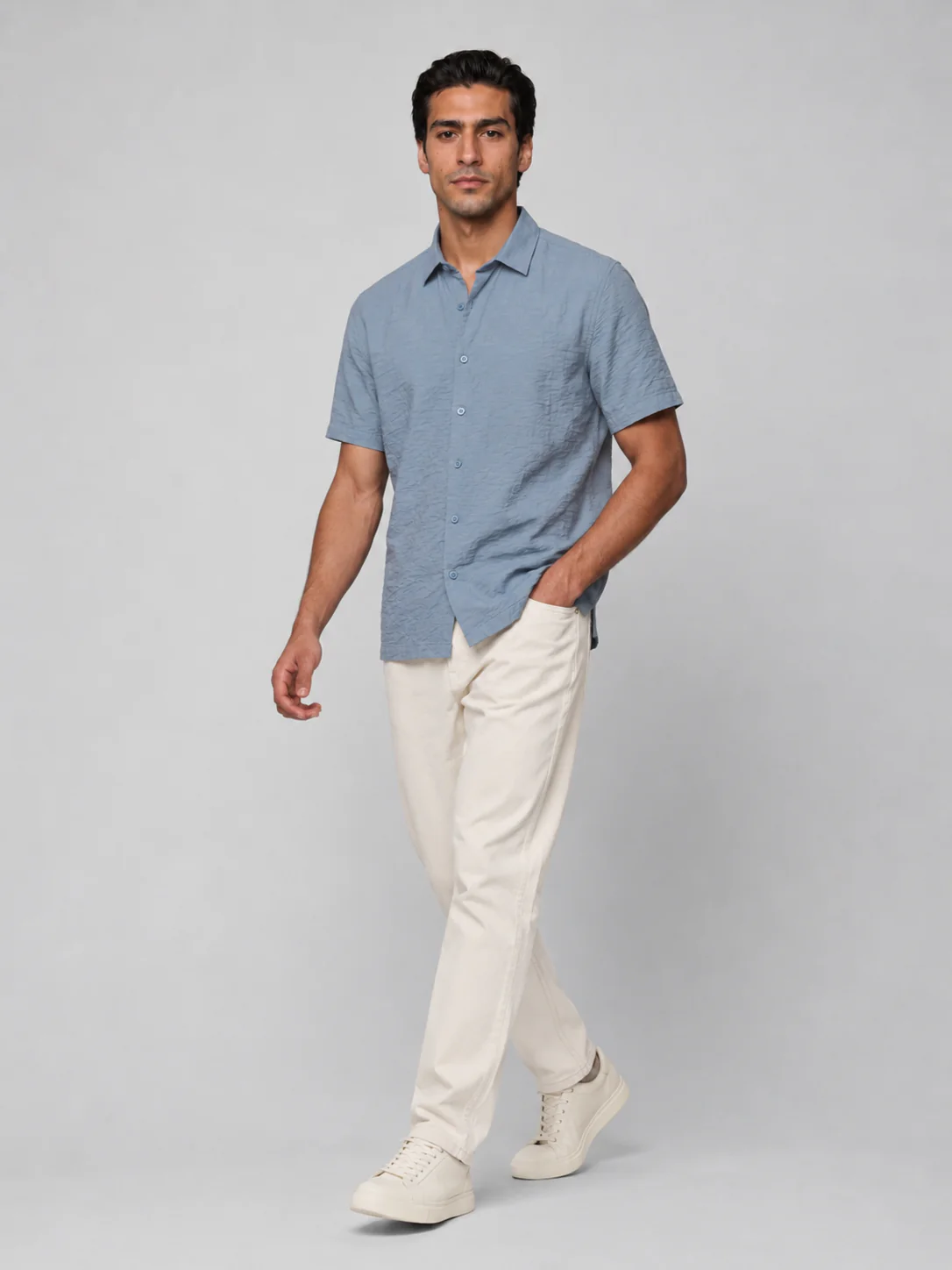 Blue Grey Crinkled Solid Shirt - Image 2