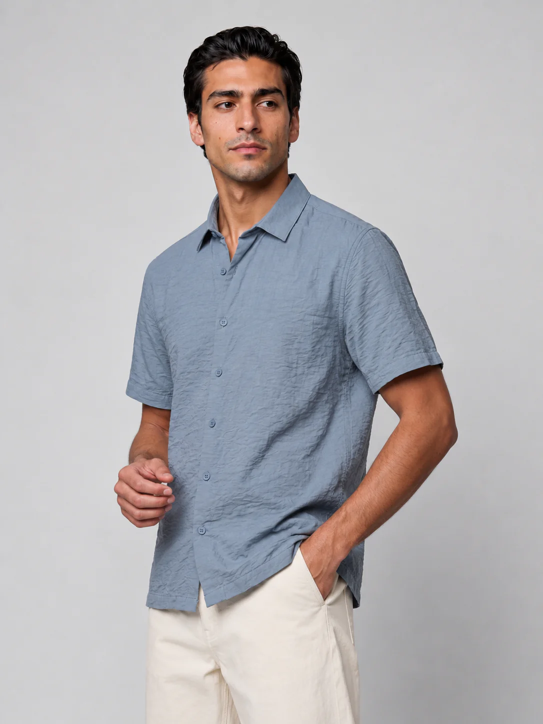 Blue Grey Crinkled Solid Shirt - Image 6