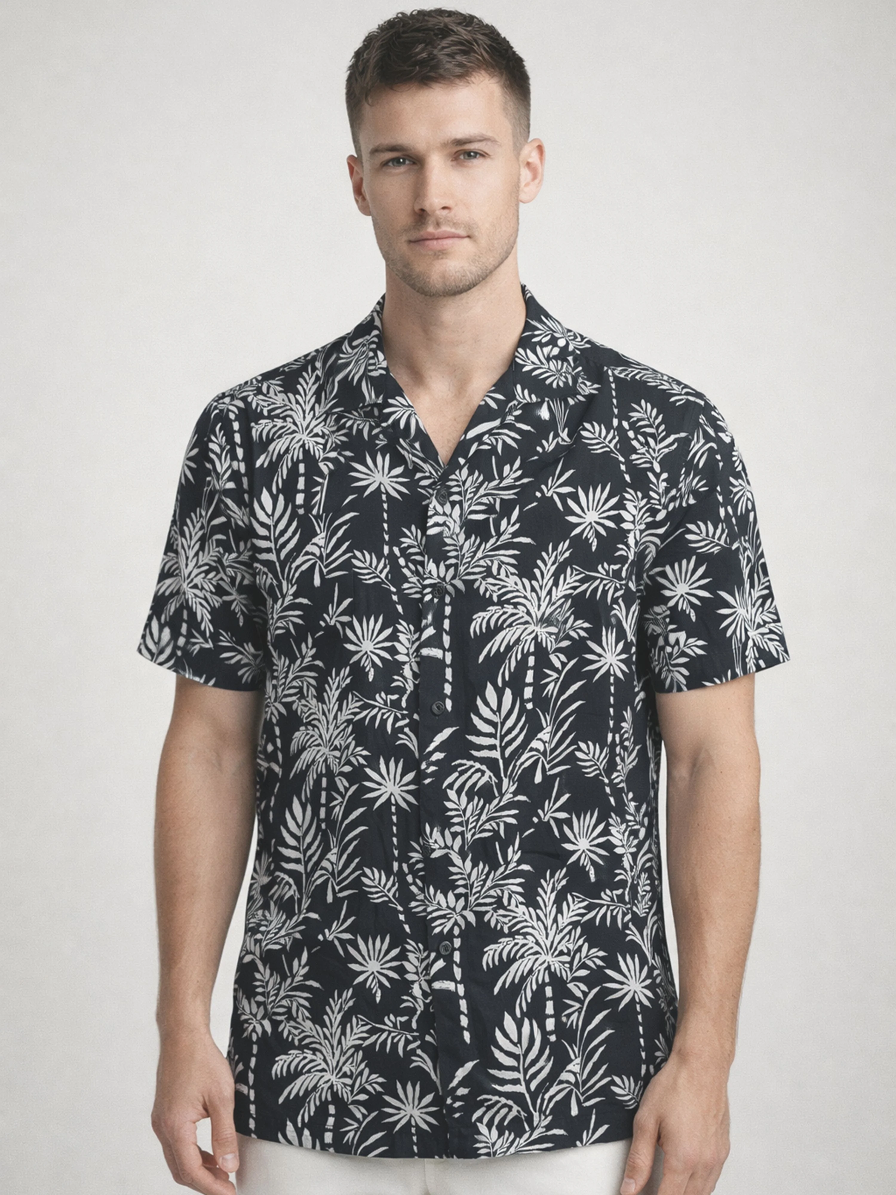Black Cuban Collar Print Shirt