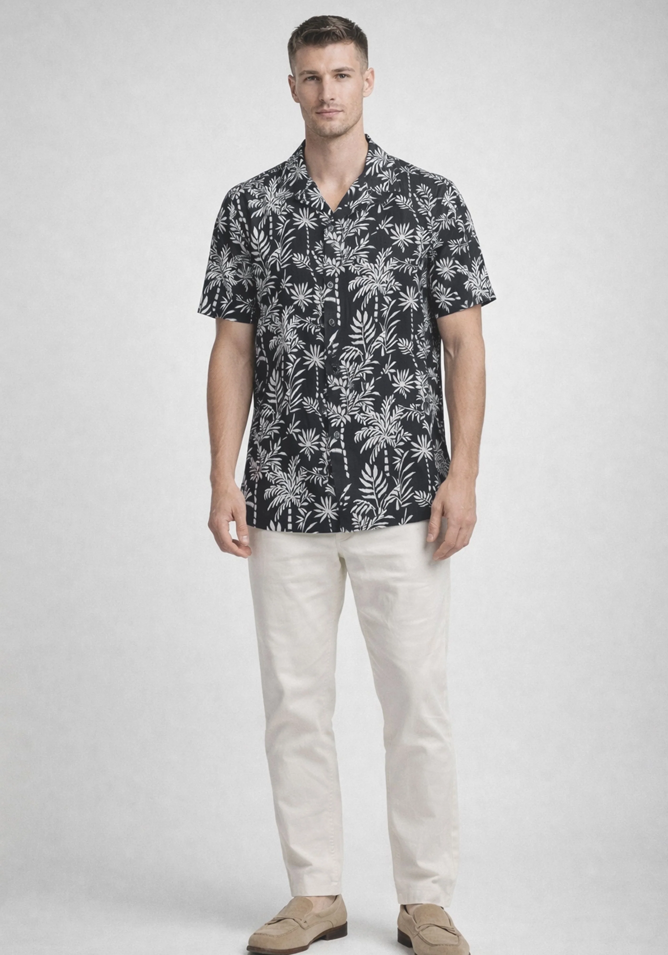 Black Cuban Collar Print Shirt - Image 2