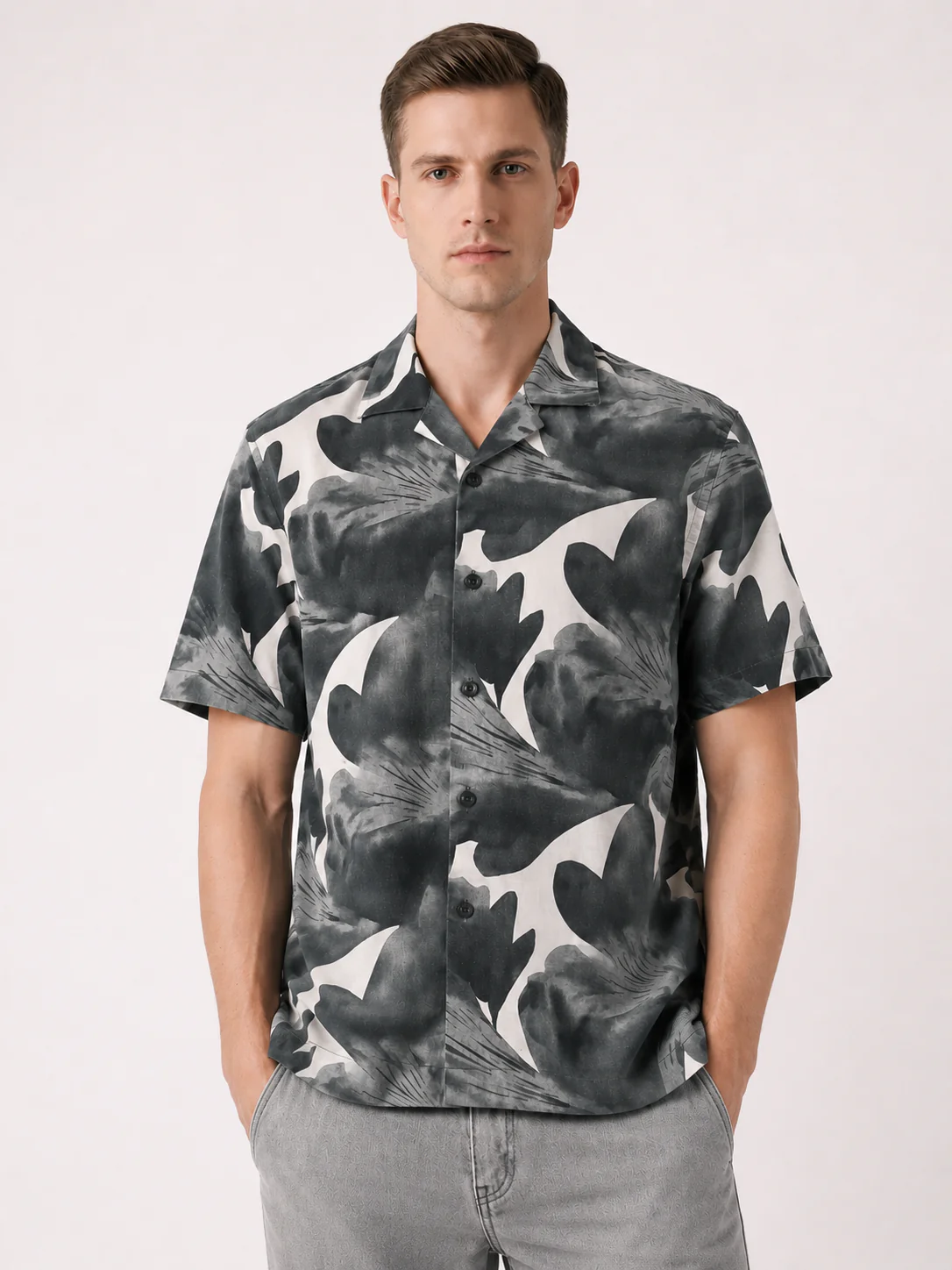 Charcoal Cuban Collar Print Shirt