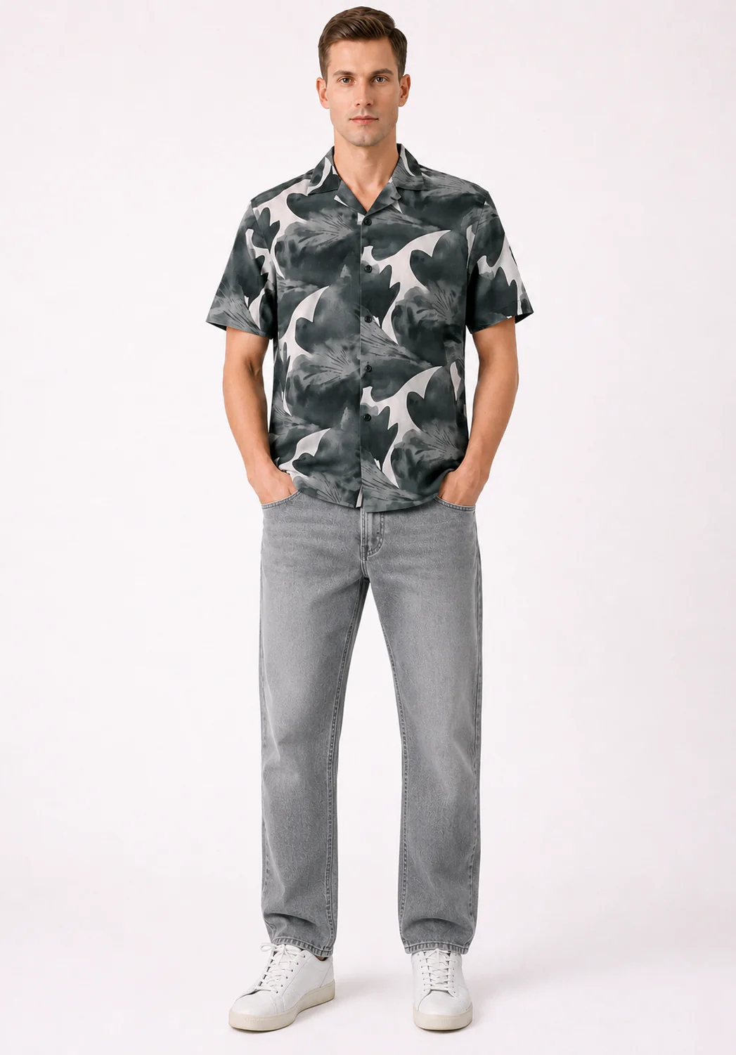 Charcoal Cuban Collar Print Shirt - Image 2