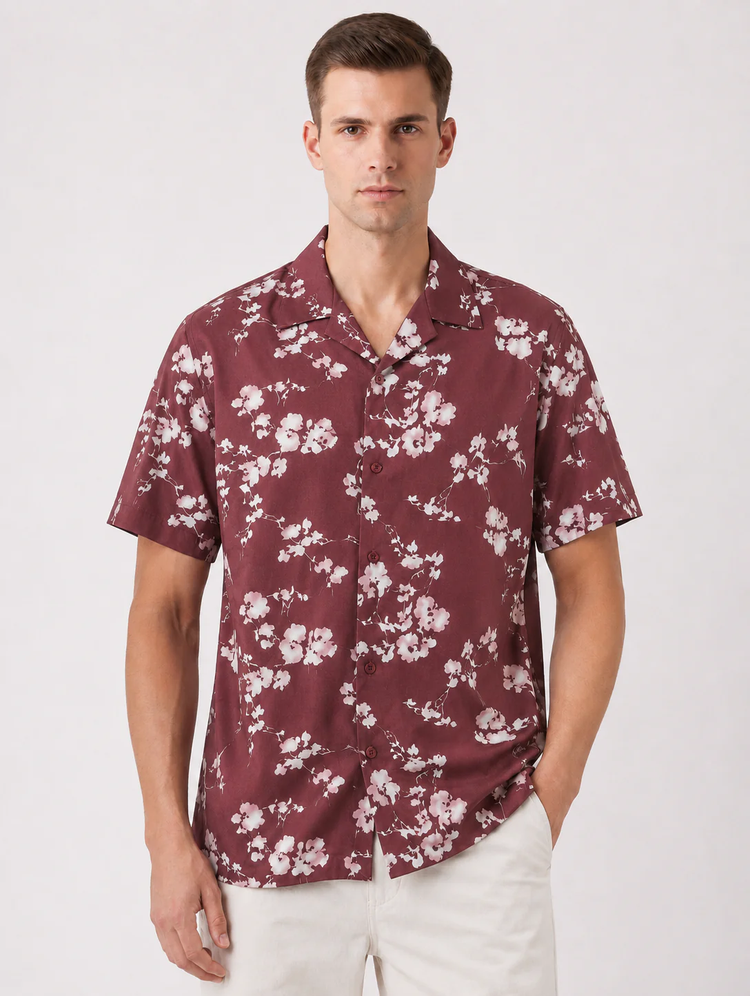 Maroon Cuban Collar Print Shirt