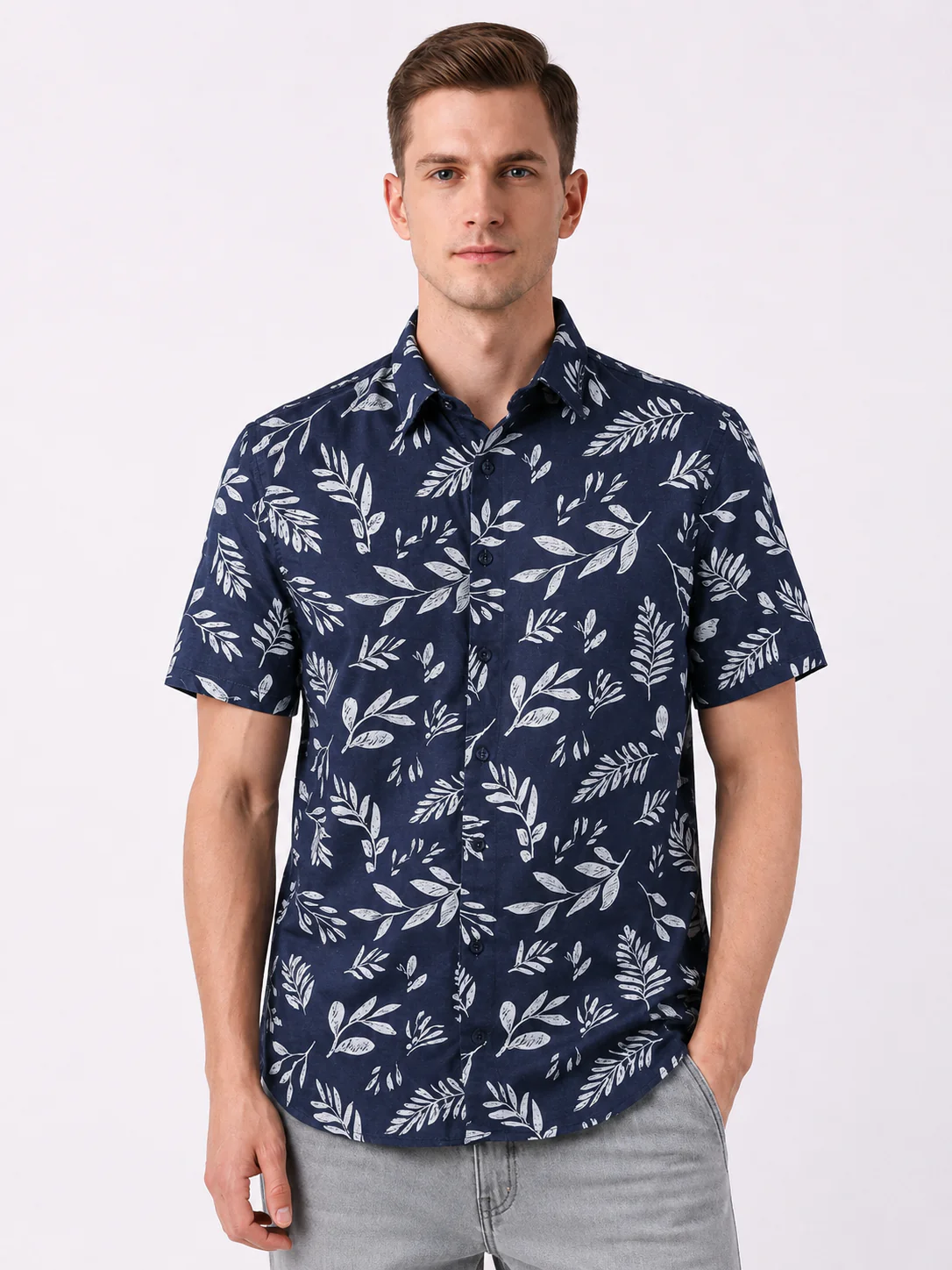 Navy Leaf Print Shirt
