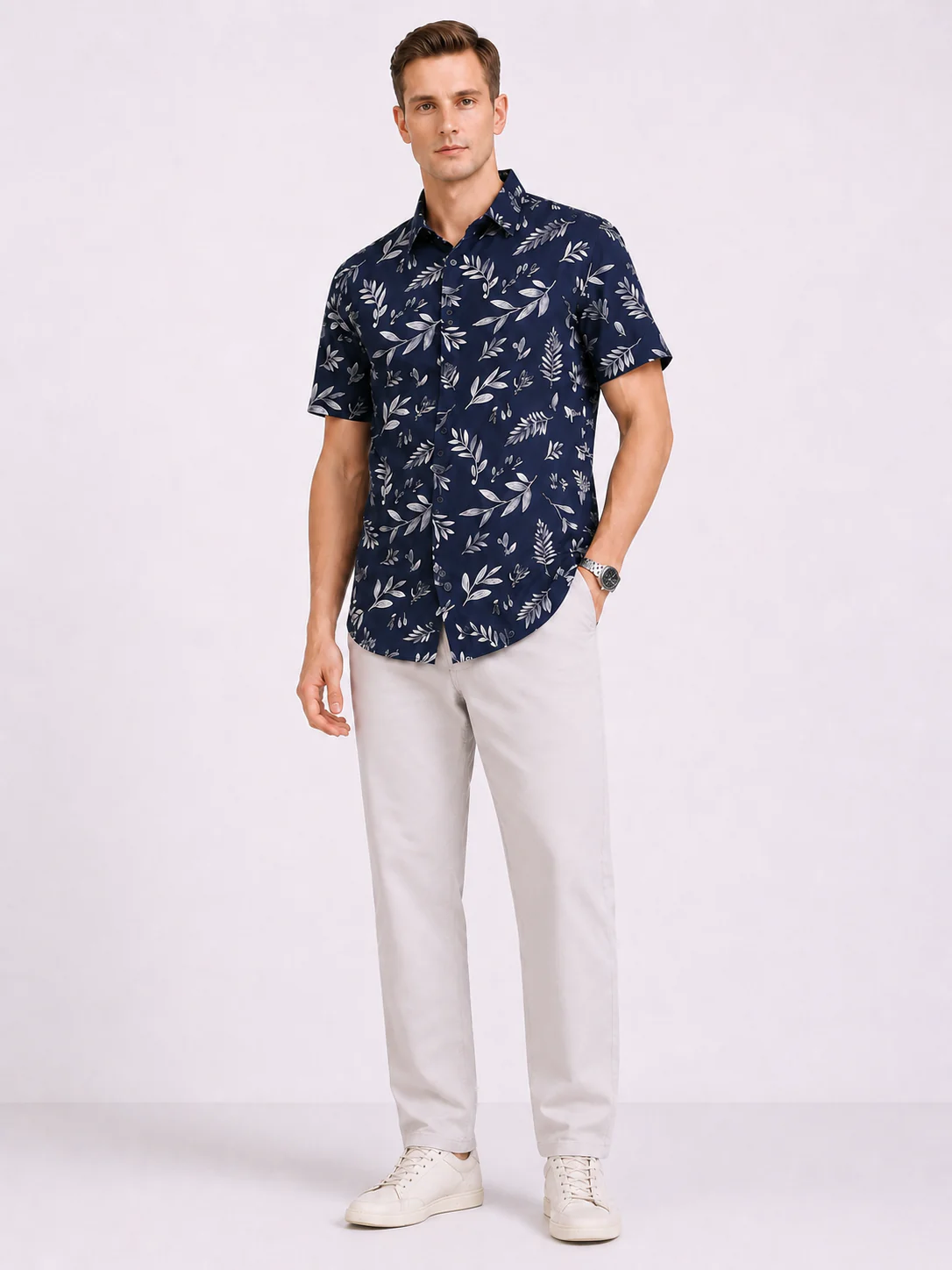 Navy Leaf Print Shirt - Image 2