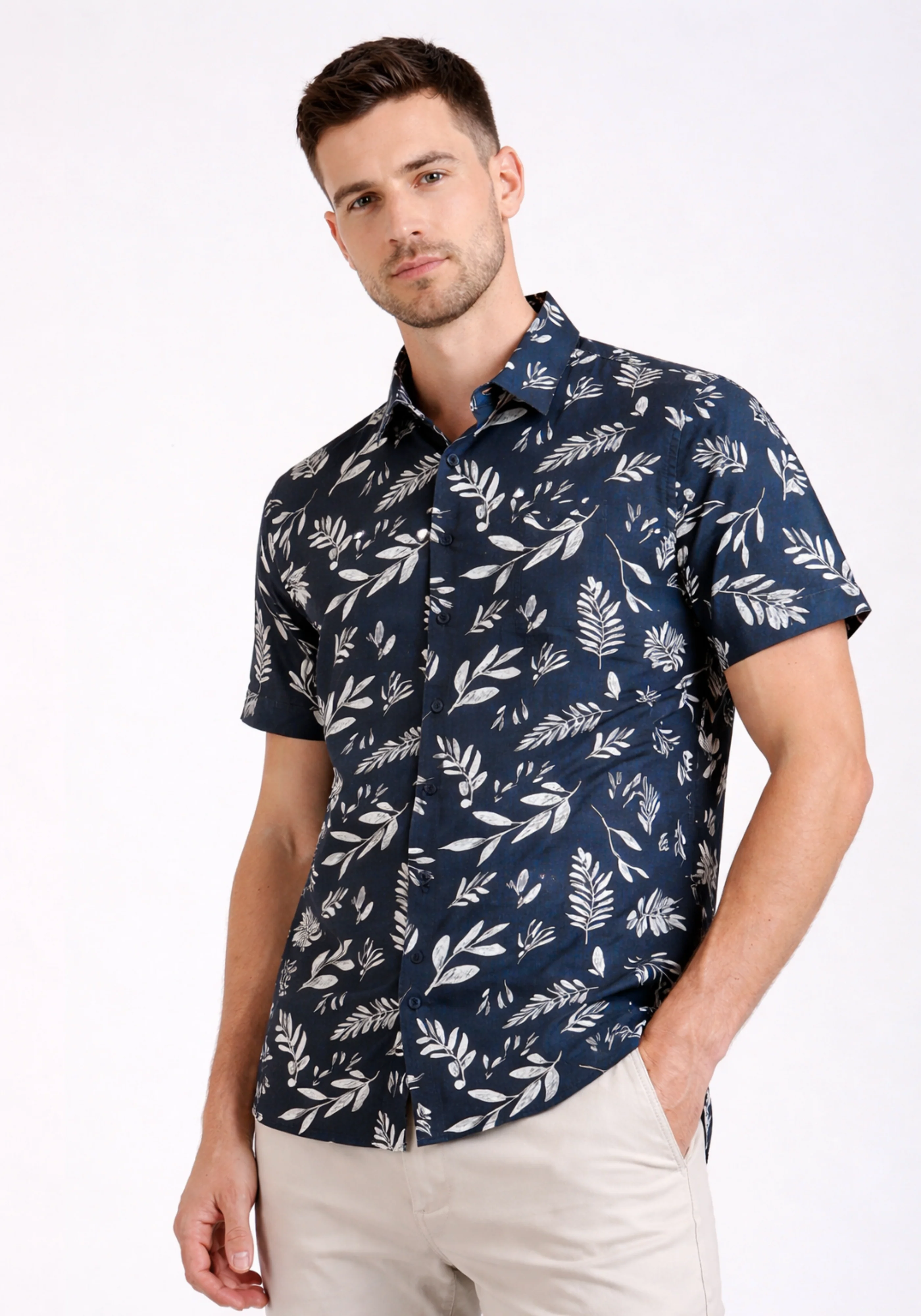 Navy Leaf Print Shirt - Image 6