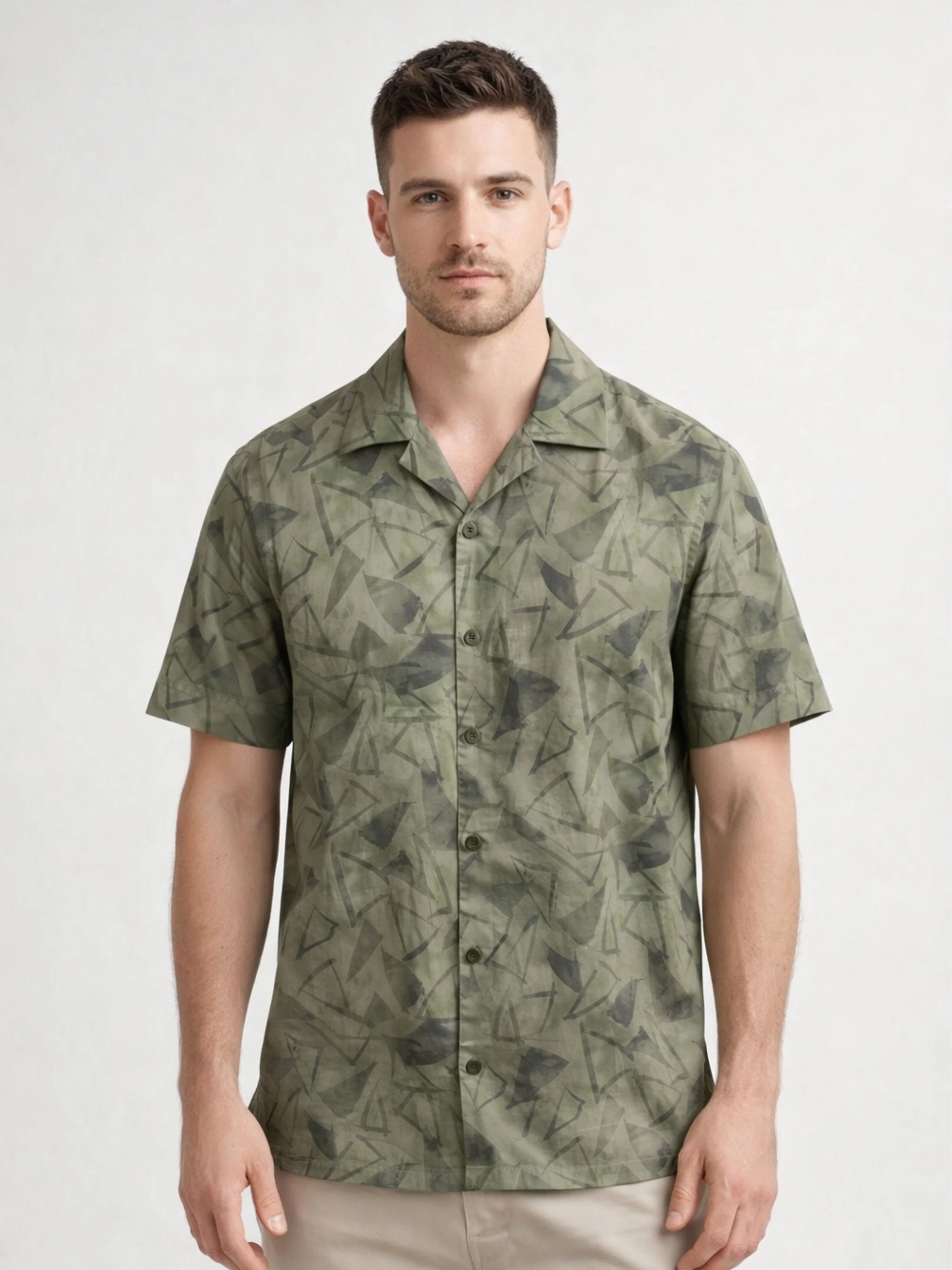 Olive Cuban Collar Print Shirt