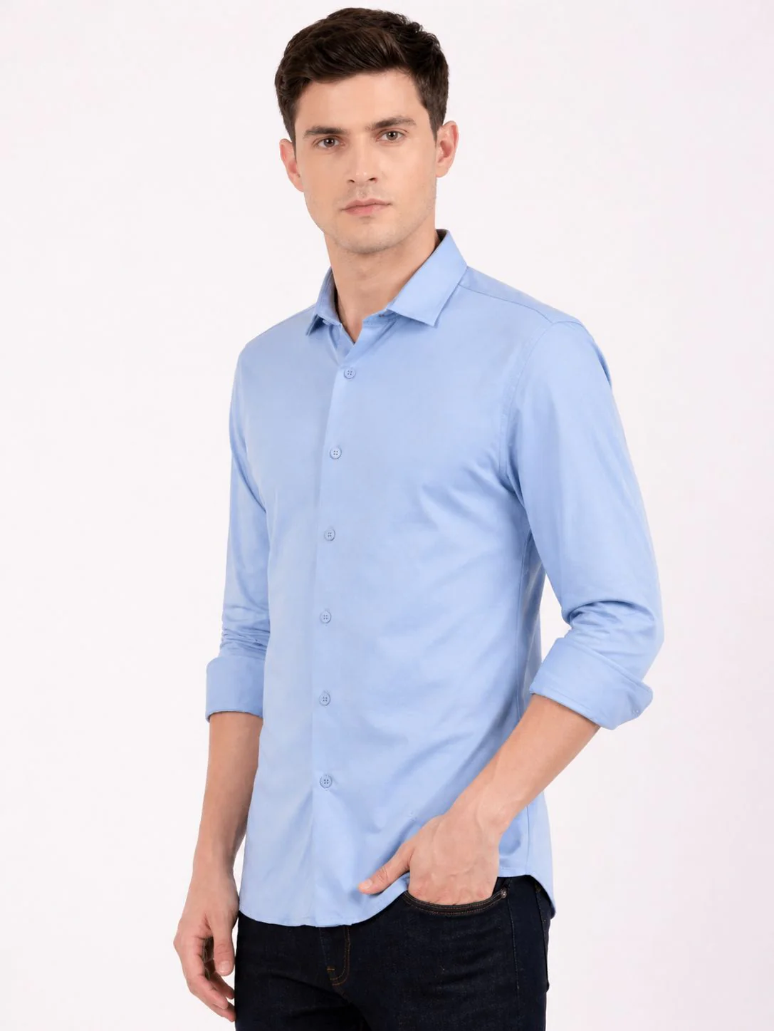 Slim Fit Sky Blue Knit Shirt - Image 6