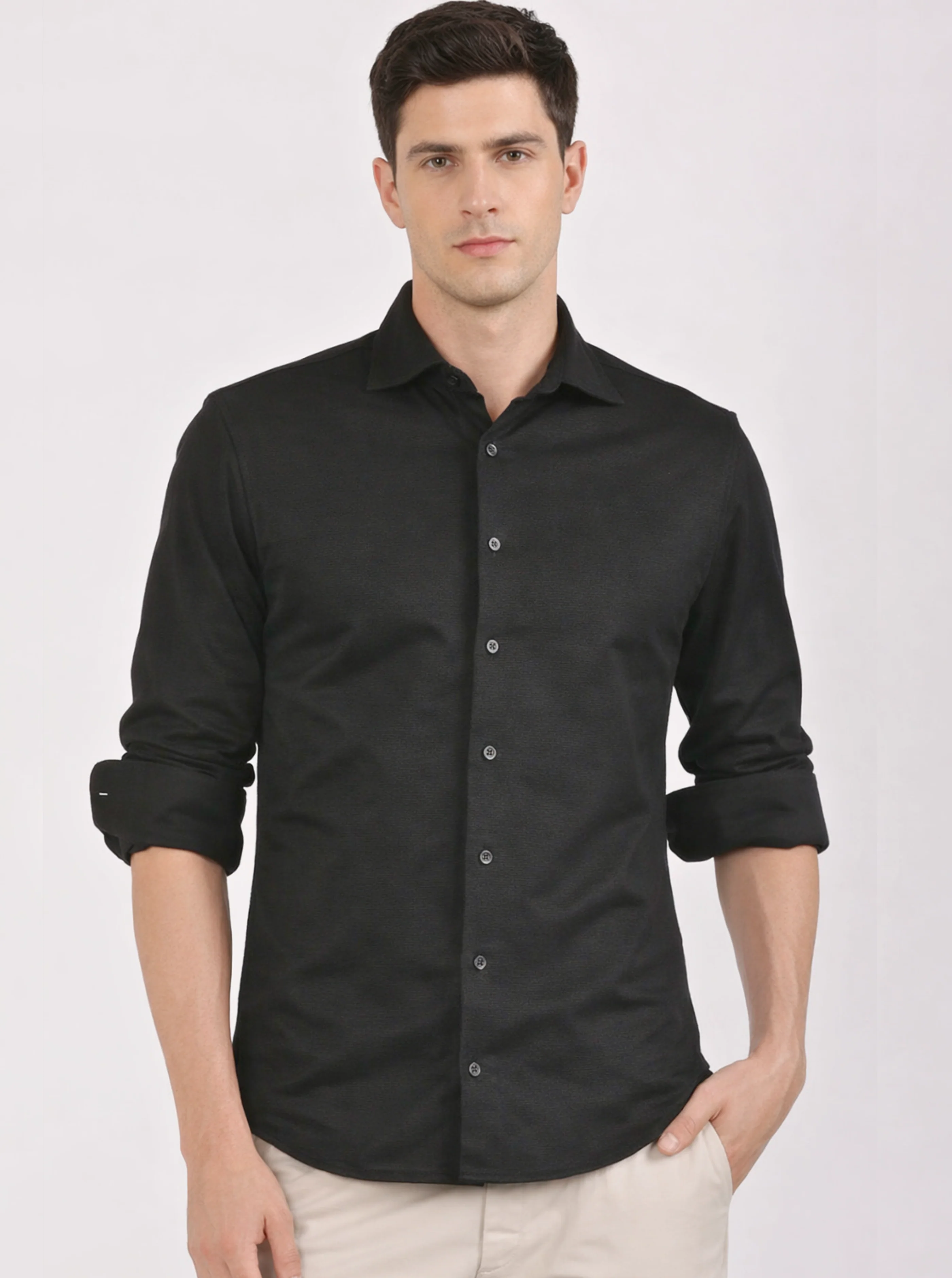 Slim Fit Textured Black Knit Shirt