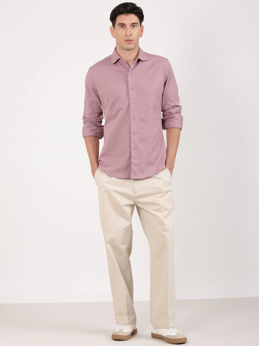 Slim Fit Textured Mauve Knit Shirt - Image 2
