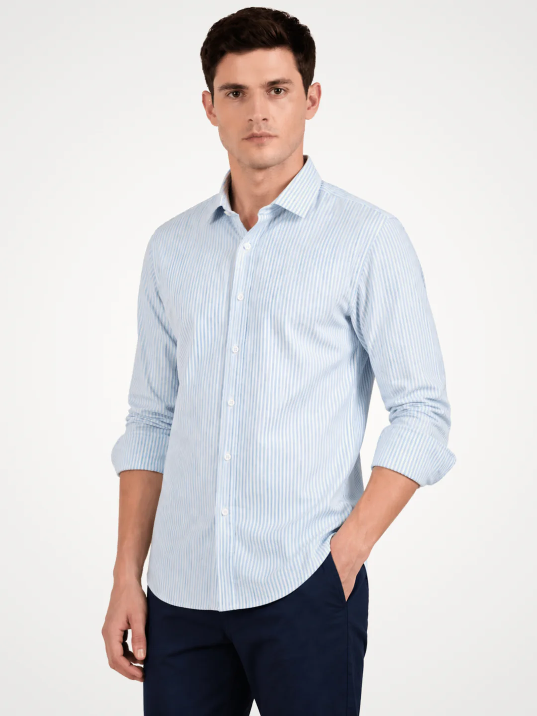 Slim Fit Powder Blue Striped Knit Shirt - Image 6