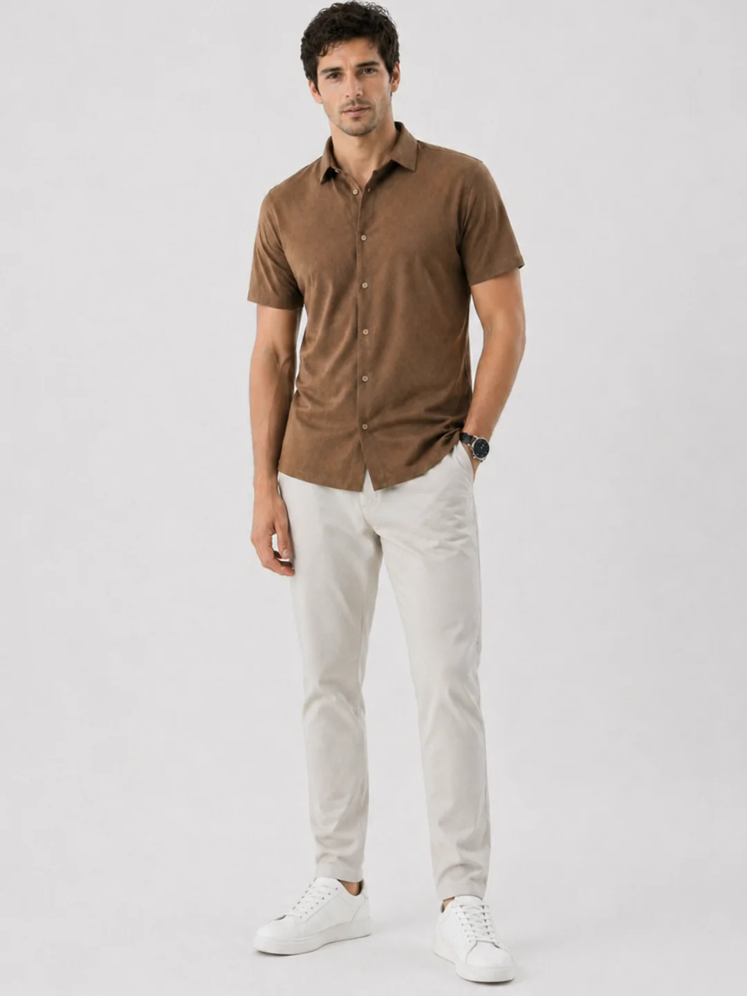 Slim Fit Mocha Brown Knit Shirt - Image 2