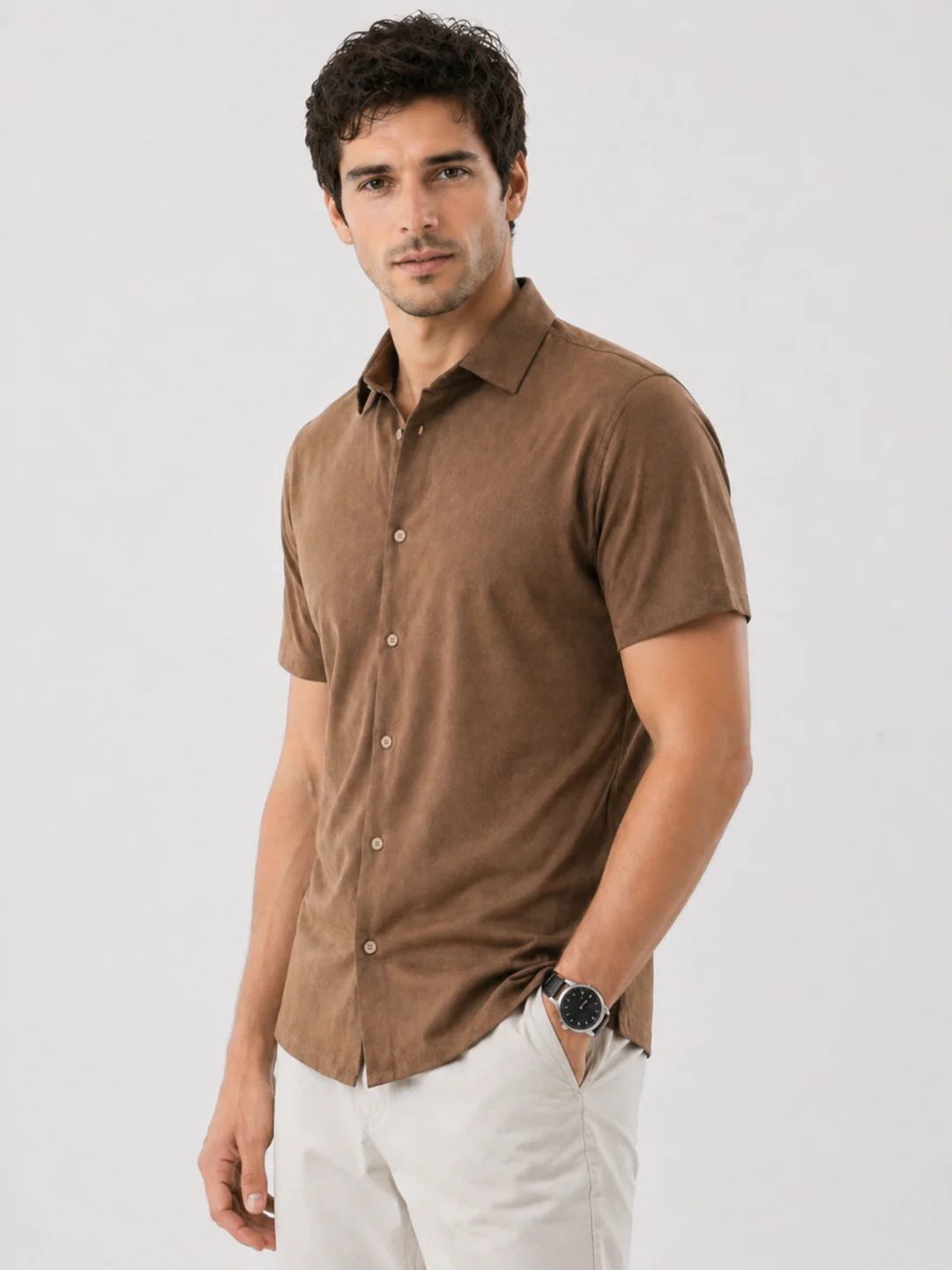 Slim Fit Mocha Brown Knit Shirt - Image 6